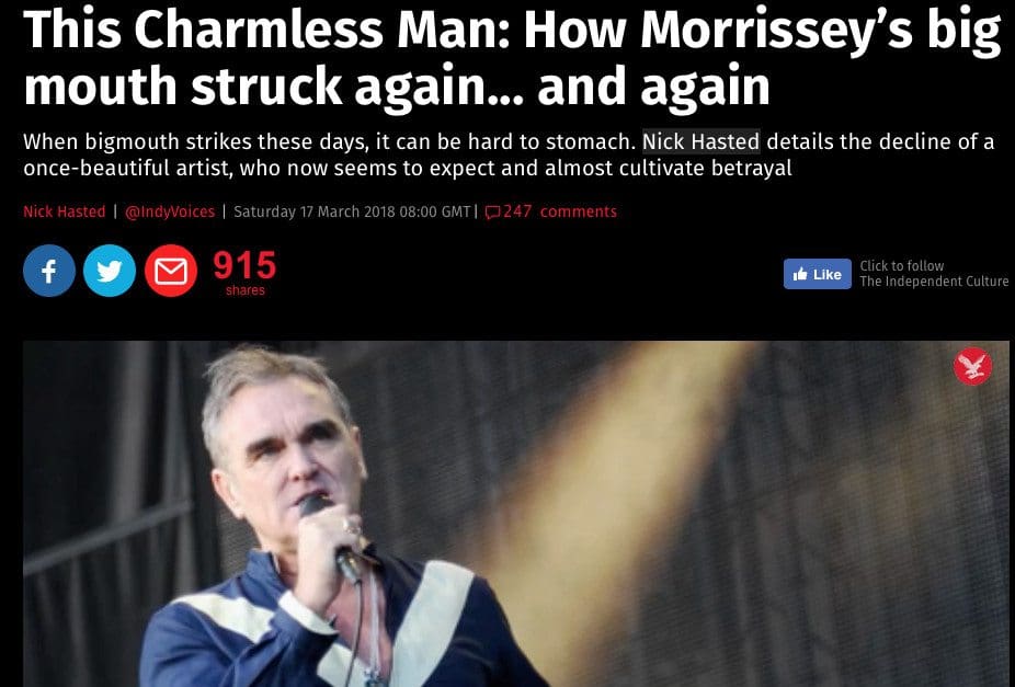 Morrissey comments on Independent article calling it 'an extreme hate piece'