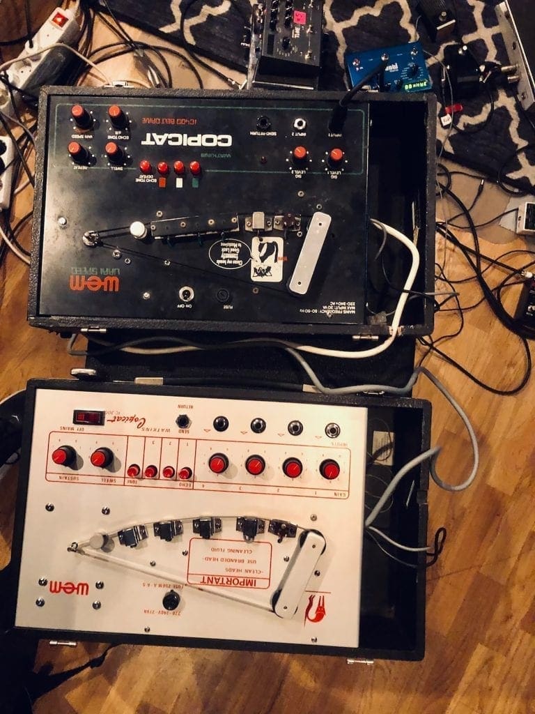 Copicats. Ancient tapedelays. Most of Marius guitars were tracked with one of these.