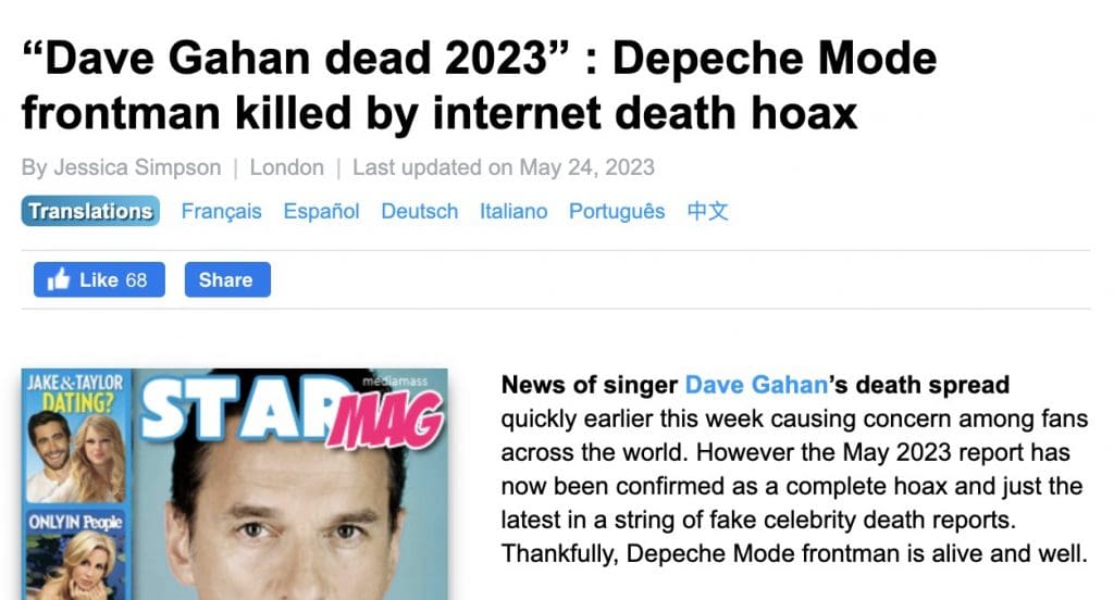 Mediamass Website Pronounces Depeche Mode's Dave Gahan Dead, then Alters Story