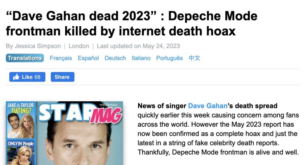 Mediamass website pronounces Depeche Mode's Dave Gahan dead, then