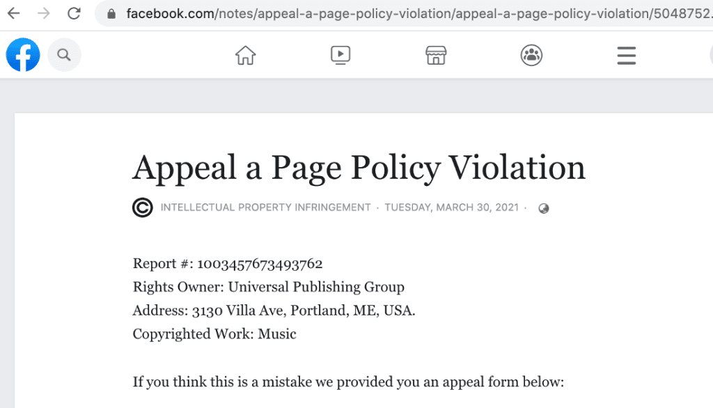 A fake Facebook note page named “Appeal a Page Policy Violation”.