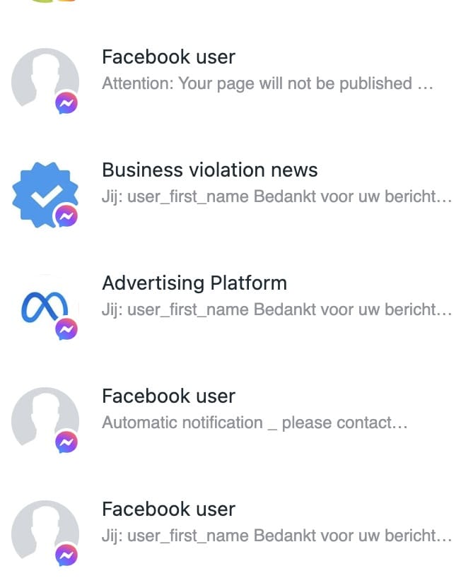 Examples of Facebook messages that landed in a page administrator's inbox