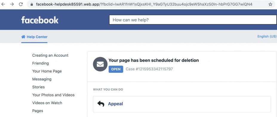 Redirection via an external link (just hover over the link to see the external link) to a counterfeit Facebook help desk page.